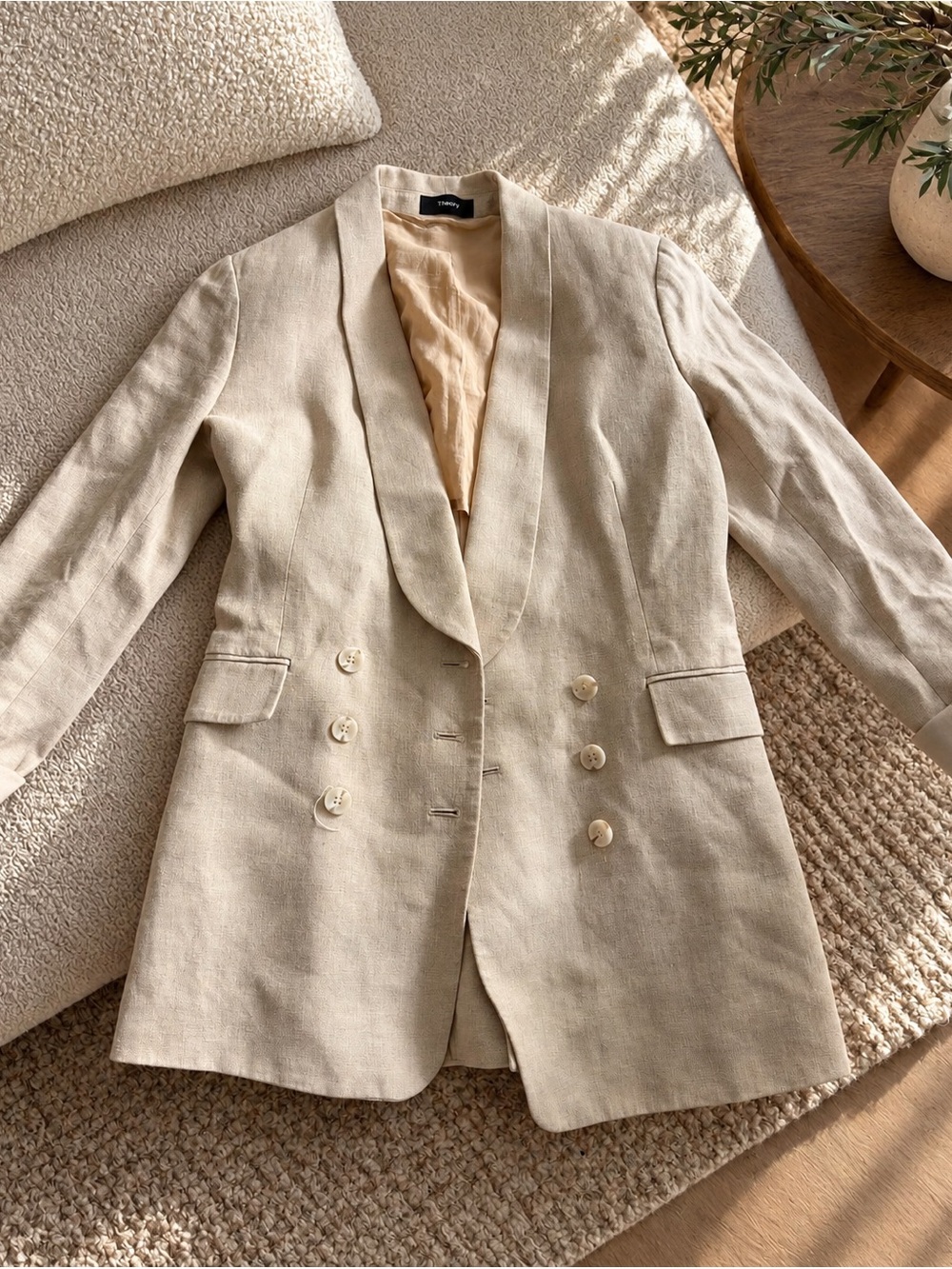 Theory 100% Linen Cream Double-Breasted Longline Blazer Size 2